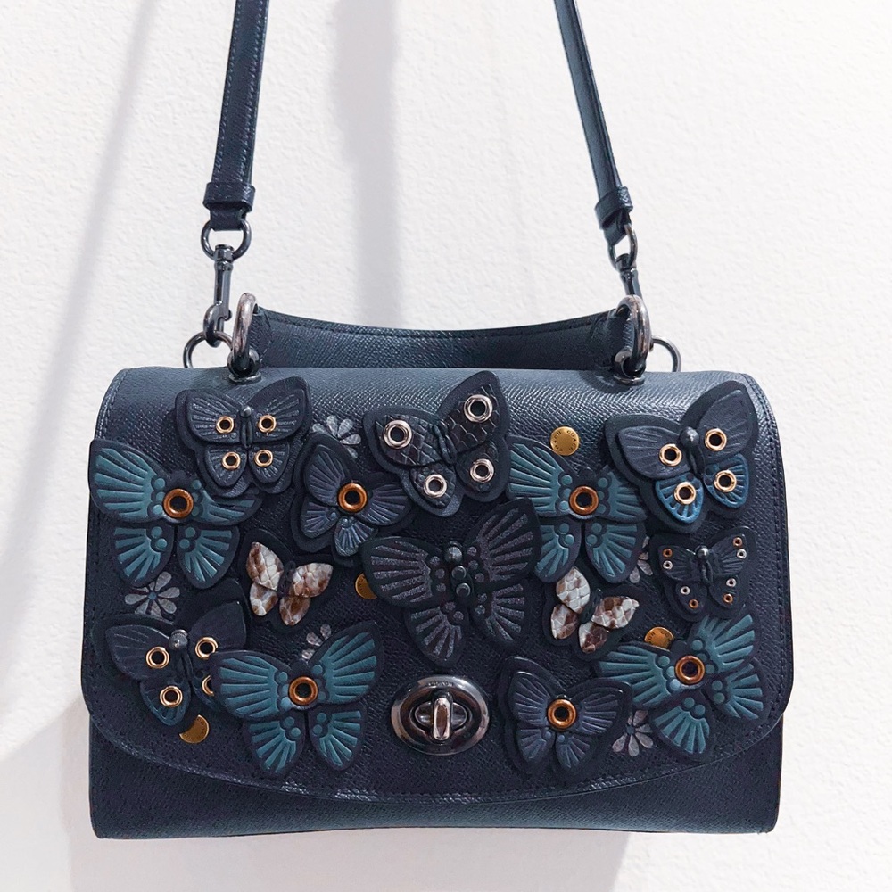 Coach Navy Leather Crossbody Bag with Teal & Black Butterfly Appliqués